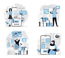 Online shopping concept set in flat design for web. Collection with people choosing new products at internet stores, ordering and paying in mobile apps, using delivery at home. illustrations. vector