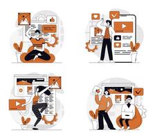 Content manager concept set in flat design for web. Collection with people creating text, photos, images, videos and other graphic contents for webpage filling and online posts. illustrations. vector