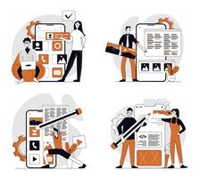 App development concept set in flat design for web. Collection with people programming wireframe mobile phone layouts with app buttons and elements, testing and coding templates. illustrations. vector