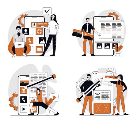 App development concept set in flat design for web. Collection with people programming wireframe mobile phone layouts with app buttons and elements, testing and coding templates. illustrations.