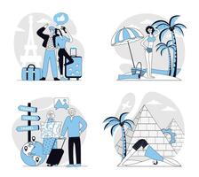 Travelling concept set in flat design for web. Collection with people go in vacation in France or Egypt, visiting sea beach, hiking and trekking, resting in trip and sightseeing. illustrations. vector