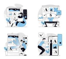 Designer studio concept set in flat design for web. Collection with people creating graphic elements, drawing digital images, selecting colours for site layout engineering. illustrations. vector
