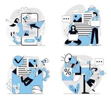 Email marketing concept set in flat design for web. Collection with people with megaphones doing online advertising with digital letters, sending promo information to mailboxes. illustrations. vector
