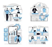 business conference concept set in flat design for web. Collection with people working remotely at global project, connecting online, discussing tasks, getting breafing. illustrations. vector