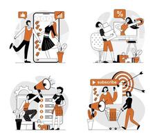 Social media marketing concept set in flat design for web. Collection with people making online advertising with influencers for targeting audience, customers making purchases. illustrations. vector