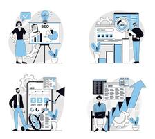 Seo analysis concept set in flat design for web. Collection with people making data site analysis, researching statistic graphs on screen, increasing traffic and raising page up. illustrations. vector