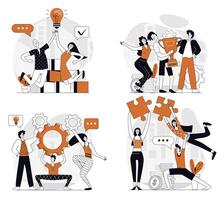 Teamwork concept set in flat design for web. Collection with people working together, developing project, solving problems, doing tasks in team, helping at supporting partners. illustrations. vector