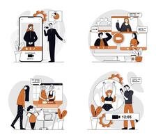 chatting concept set in flat design for web. Collection with people connecting online and calling in zoom, talking with friends and family, remotely colleagues working. illustrations. vector
