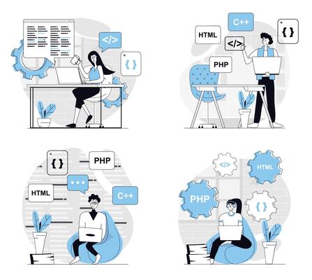 Programmer working concept set in flat design for web. Collection with people coding at screens, programming at different computer languages, creating applications and sites. illustrations.