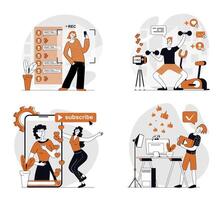 blogging concept set in flat design for web. Collection with people recording new videos in fitness blog and other, making live translation, communicating with followers. illustrations. vector