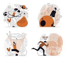 Cyberspace concept set in flat design for web. Collection with people in VR headsets interacting with virtual reality, playing games with cyber space and hologram simulation. illustrations. vector