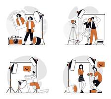 Photo studio concept set in flat design for web. Collection with people getting professional photography shot, posing for portrait, photographer working at fashion shooting. illustrations. vector