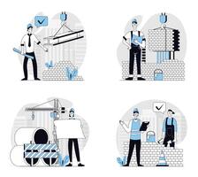 Construction engineer concept set in flat design for web. Collection with people working at building site, making brickwork and house construct, looking at architect blueprints. illustrations. vector