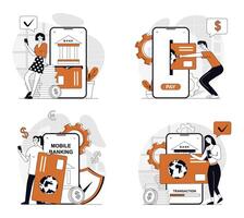 Mobile banking concept set in flat design for web. Collection with people using online bank services, managing credit cards, making transactions, sending money in application. illustrations. vector