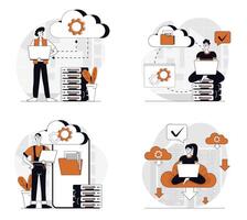 Cloud computing concept set in flat design for web. Collection with people using cloud technology, making sync and data backup, working with database and online files storage. illustrations. vector