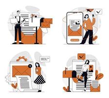 Email service concept set in flat design for web. Collection with people connecting online by electronic letters, sending emails at phone app or laptop, receiving notifications. illustrations. vector