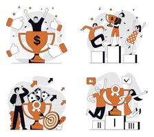 Business award concept set in flat design for web. Collection with people working together and achieving career goals and targets, celebrating victory with golden trophy cup. illustrations. vector