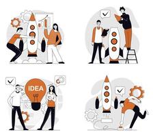 Business startup concept set in flat design for web. Collection with people working in team, brainstorming and planning process, launching new project, attracting investments. illustrations. vector