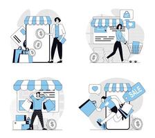 Mobile commerce concept set in flat design for web. Collection with people making online shopping, ordering new products and making purchases at sales, paying online in apps. illustrations. vector
