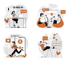 Podcast streaming concept set in flat design for web. Collection with people in headphones broadcasting and recording talks in studio, creating audio content, followers listen. illustrations. vector
