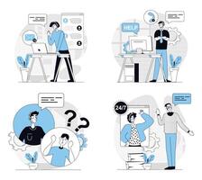 Customer service concept set in flat design for web. Collection with people answering clients calling, chatting online and helping, consulting online, solving technical problems. illustrations. vector