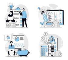 Planning financial budget concept set in flat design for web. Collection with people making money analysis, controlling personal finance, creating strategy for cash flow growth. illustrations. vector