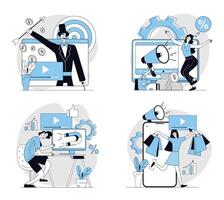 marketing concept set in flat design for web. Collection with people creating viral videos, posts content, making online advertising, attracting new followers and clients. illustrations. vector