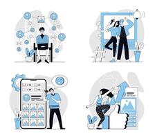 Social network concept set in flat design for web. Collection with people connecting online with internet friends, taking selfies, posting online, collect likes, developing blog. illustrations. vector
