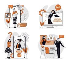 Virtual assistant concept set in flat design for web. Collection with people using online operator help, chatting with artificial intelligence bots, talking and getting advices. illustrations. vector