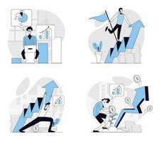 Business growth concept set in flat design for web. Collection with people making data analysis, developing project and getting arrow up graph and financial rise statistic. illustrations. vector