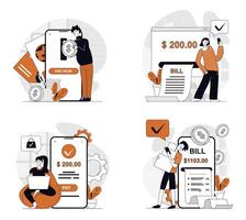 Online payment concept set in flat design for web. Collection with people getting bills and invoice, making financial transactions in mobile applications, paying by purchases. illustrations. vector