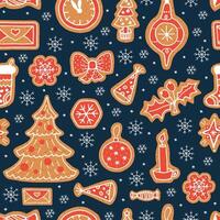 Seamless pattern with Christmas tree, gingerbread snowflake and more. Christmas cookies in the doodle style. Hand drawn illustrations. vector