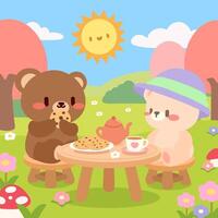 A kawaii illustration of two cute bears enjoying a spring picnic with tea and cookies in a colorful garden. The scene features pastel trees, cheerful flowers, and a sunny. vector