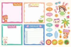 Adorable summer planner designs with stickers and checklists. Kawaii summer themed memo and planner stickers. vector