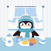 A kawaii style illustration of a penguin dressed in a cozy hat and scarf, enjoying a warm winter breakfast with eggs, croissant, milk, and blueberries. vector