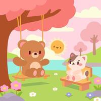 Adorable bear and cat enjoying a sunny day in a swing park scene. A cute illustration of a bear on a swing and a cat sitting on a bench under cherry blossom trees by a serene lake. vector