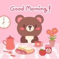 Adorable bear enjoying a sweet breakfast in a pink setting. Kawaii bear breakfast scene with toast, jam, and coffee. vector