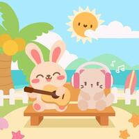 Rabbit and cat friends on a beach day. A cute illustration of a rabbit playing guitar and a cat listening to music on a sunny beach. vector