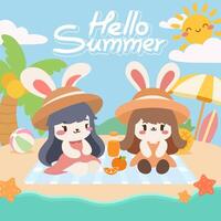 Adorable bunnies enjoying a summer beach picnic. Cute bunny friends relaxing on a tropical beach with summer vibes. Summer illustration with bunnies, beach, and palm trees. vector