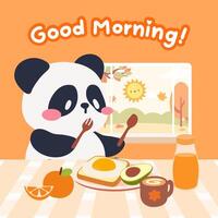 A kawaii style illustration of a cute panda enjoying a healthy breakfast with toast, avocado, orange juice, and eggs in an autumn themed setting. vector