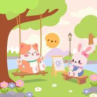 Adorable cat swinging and bunny painting in a sunny park scene. Bunny artist and swinging cat under a tree. vector