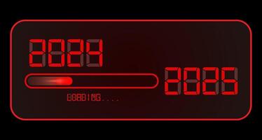 2025 Happy new year digital clock. 2024 loading to up 2025. Red led neon digital time style. Progress bar almost reaching new year eve. illustration, red display isolated or black background vector