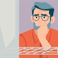 Illustration of a man in a modern minimalist style standing in front of an open empty refrigerator. Bright color palette and flat design. Use in articles about nutrition, hunger and emotional state. vector