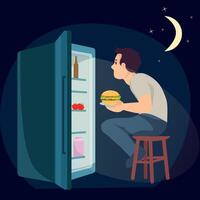 A man sits on a stool in front of an open refrigerator at night and eats a burger. The man looks into the open refrigerator. vector