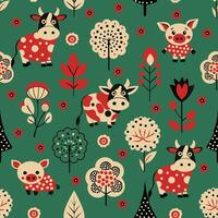 piglets and cows in the meadow pattern vector