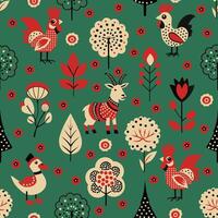 roosters and goats on a green meadow with trees. vector