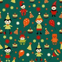 children surrounded by toys, balls and sweets on a green background vector
