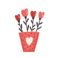 Bouquet of red hearts in a vase, flat illustration on white background vector