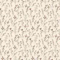 Seamless botanical pattern with delicate small flowers, leaves and twigs on beige background. Flat illustration vector