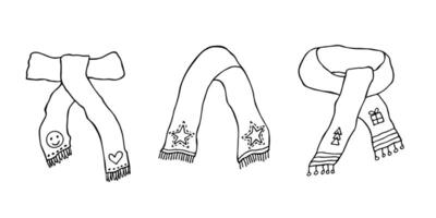 Knitted scarf doodle set Hand drawn winter accessories Single design element for card, print, design, decor vector